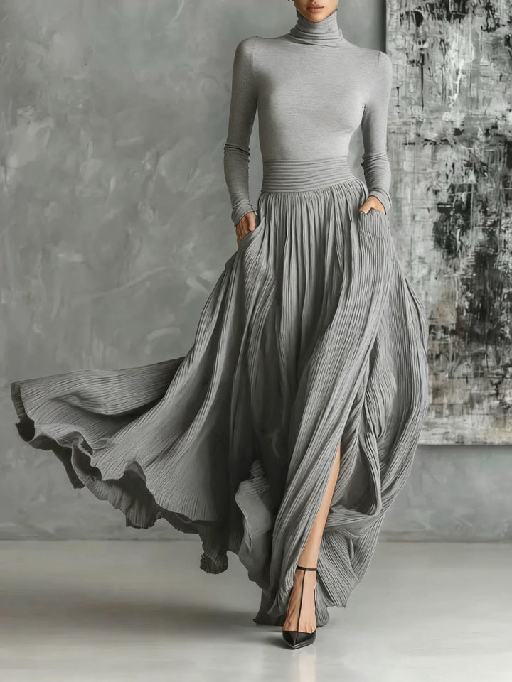 Paisley | Black Set with High Neck & Flowing Pleated Skirt