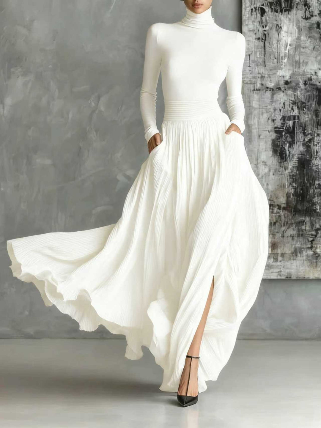 Paisley | Black Set with High Neck & Flowing Pleated Skirt