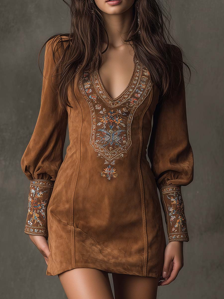 Odessa | Vintage Mini Dress in Embroidered Suede