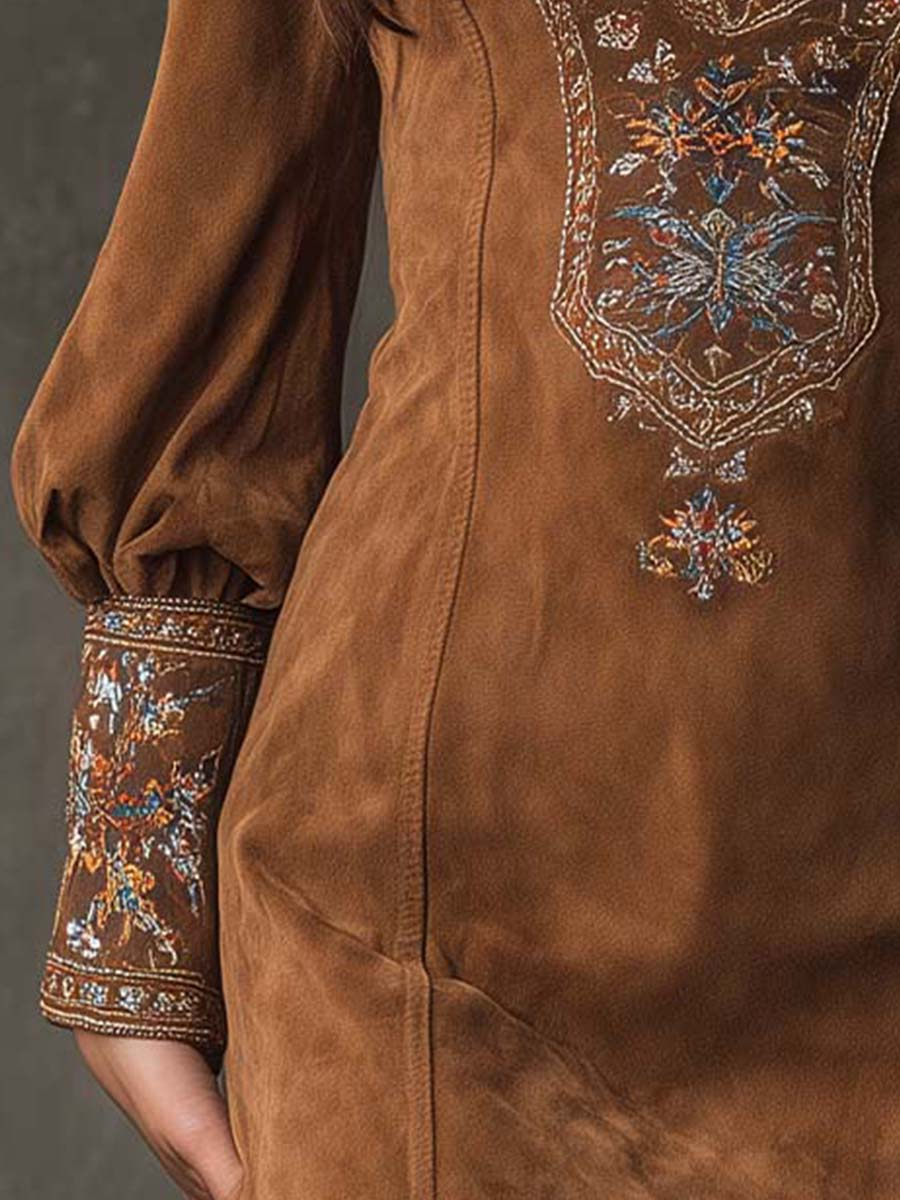 Odessa | Vintage Mini Dress in Embroidered Suede