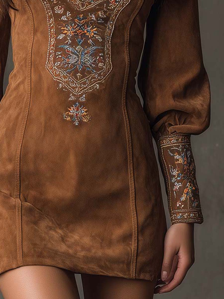 Odessa | Vintage Mini Dress in Embroidered Suede