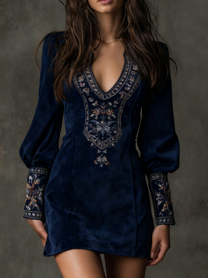 Odessa | Vintage Mini Dress in Embroidered Suede