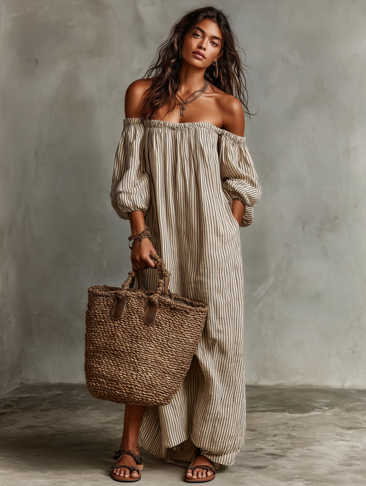 Kaia | Long cotton and linen dress with off-the-shoulder design