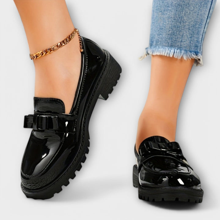 Black Patent Leather Women's Loafers with Bow