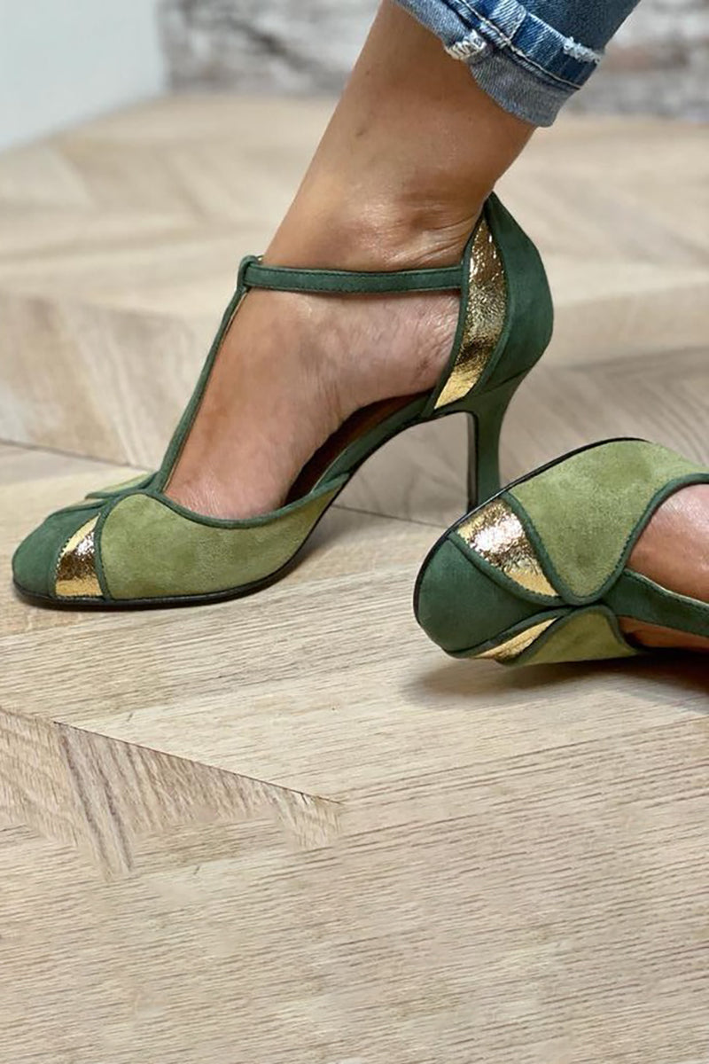 Tavia | Patchwork Heels with T-Strap and Closed Toe