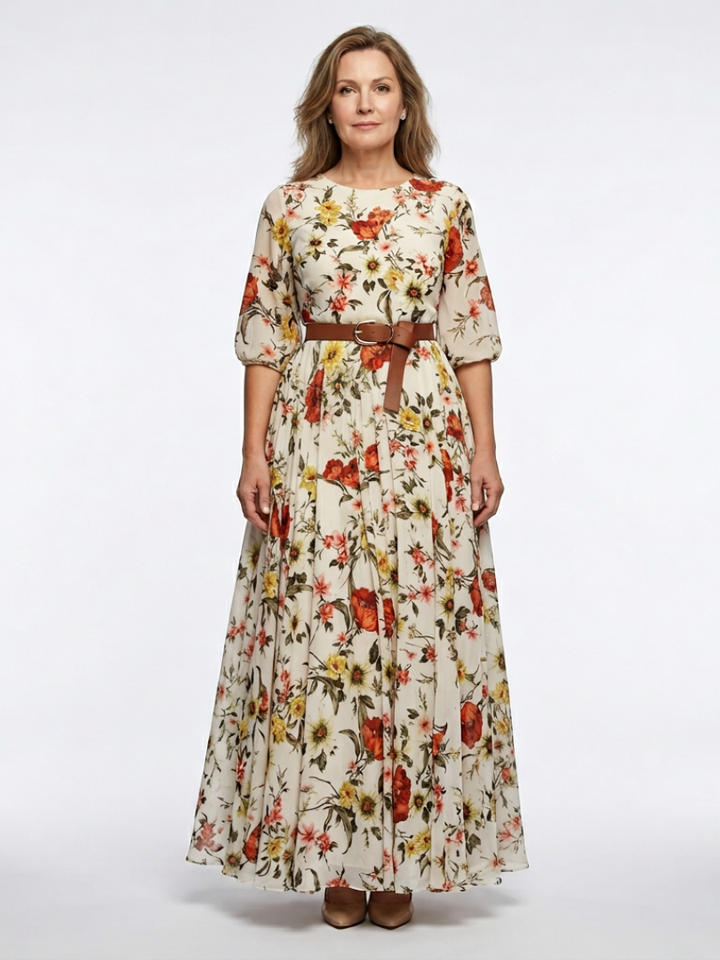 Victoria | Maxi dress with belt, round neckline, and three-quarter sleeves