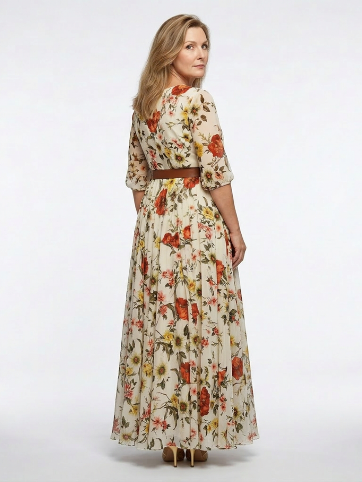 Victoria | Maxi dress with belt, round neckline, and three-quarter sleeves