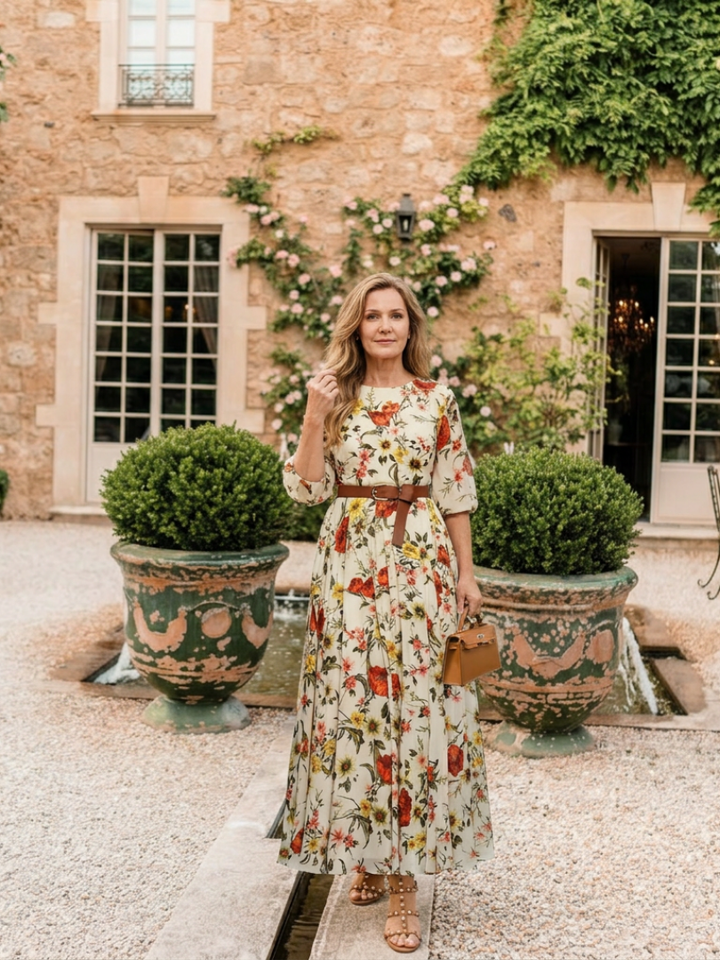 Victoria | Maxi dress with belt, round neckline, and three-quarter sleeves