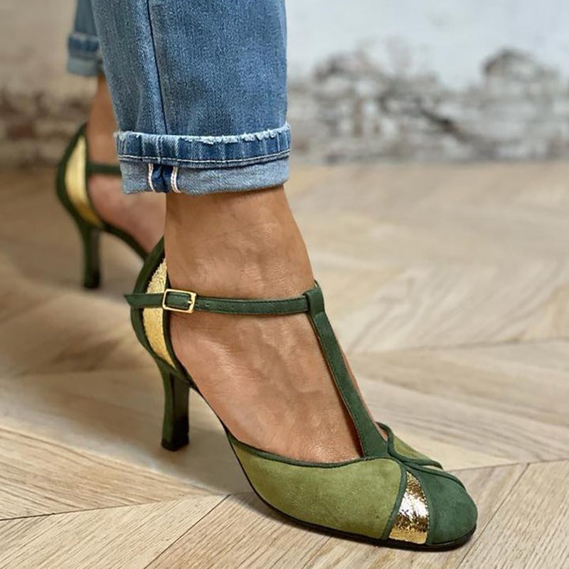 Tavia | Patchwork Heels with T-Strap and Closed Toe