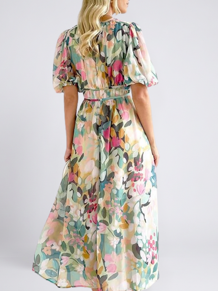 Stephanie | Short Sleeve Midi Dress with Gathered Waist