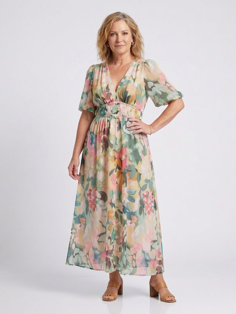 Stephanie | Short Sleeve Midi Dress with Gathered Waist