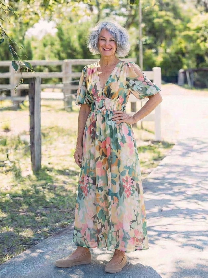 Stephanie | Short Sleeve Midi Dress with Gathered Waist