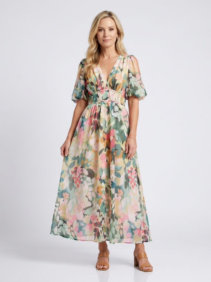 Stephanie | Short Sleeve Midi Dress with Gathered Waist