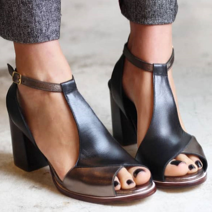 Nadja | Black high-heeled sandals with open toe in patchwork