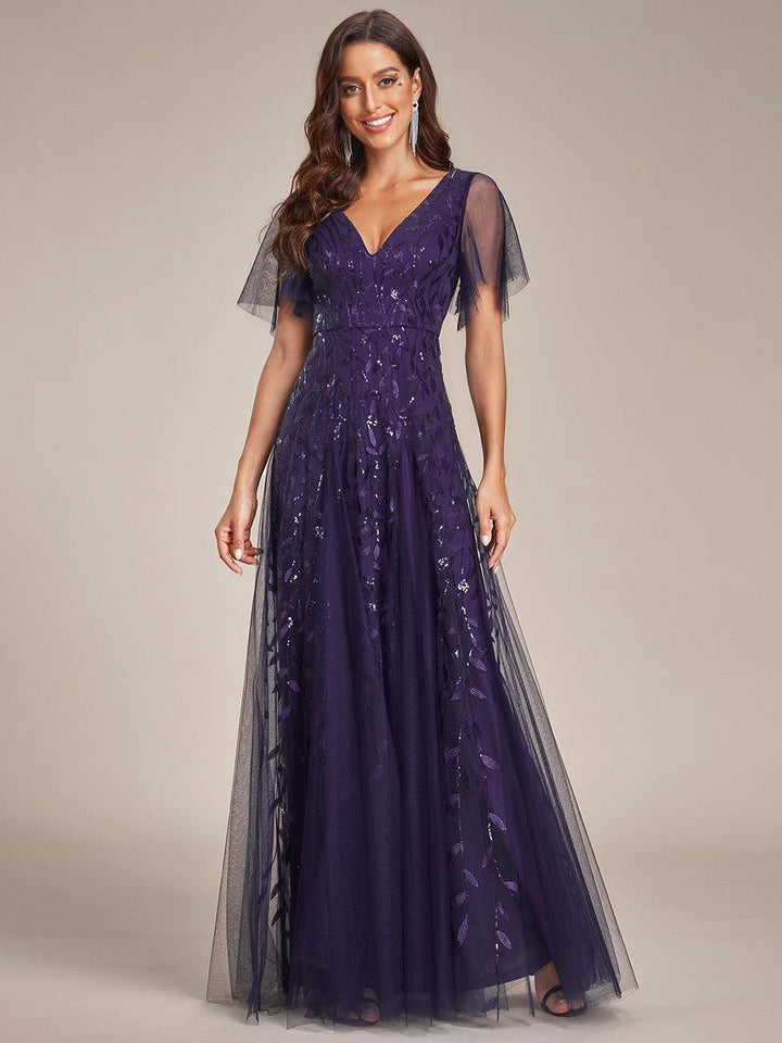 Kaylee | Long Romantic Shimmering Evening Dress with V-Neck and Straps
