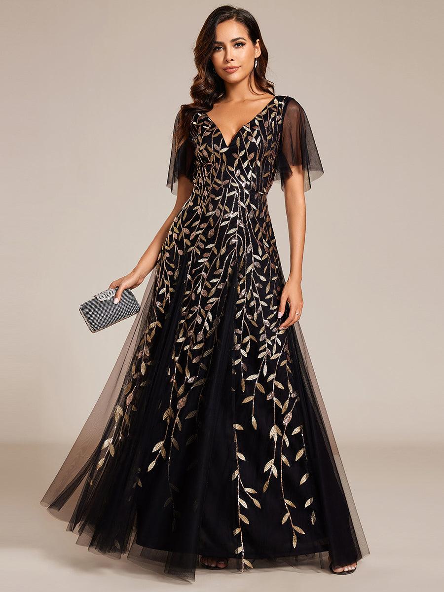 Kaylee | Long Romantic Shimmering Evening Dress with V-Neck and Straps
