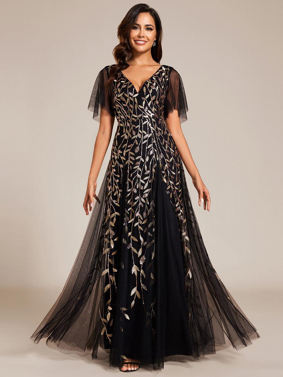 Kaylee | Long Romantic Shimmering Evening Dress with V-Neck and Straps
