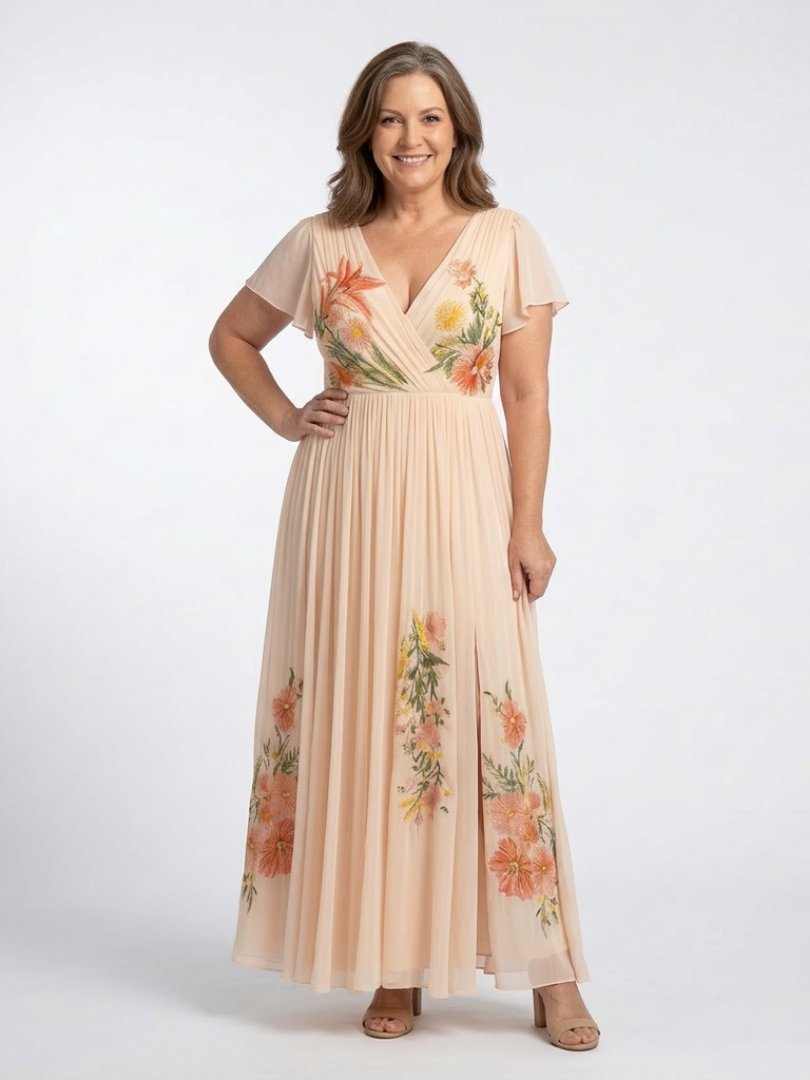 Lily | Maxi dress with pleated flowers and V-neck