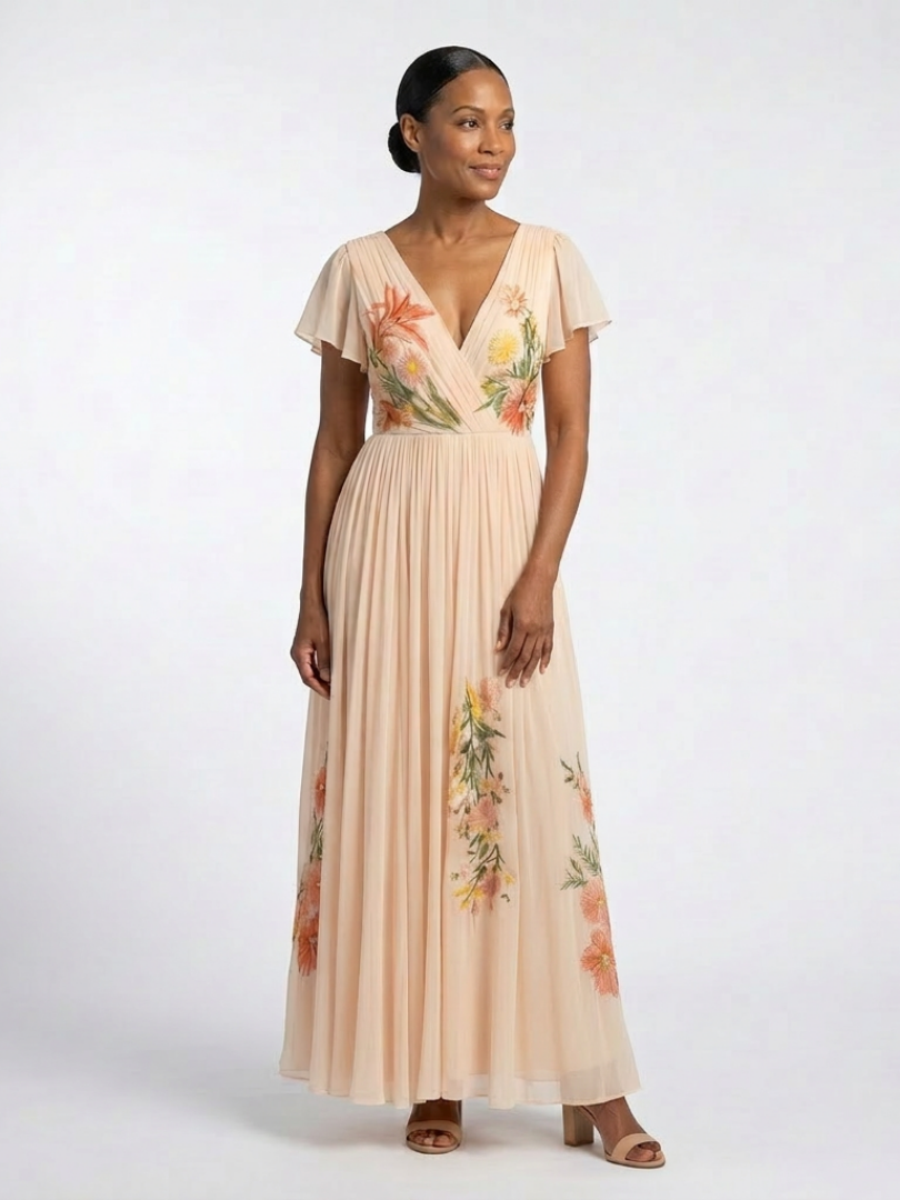 Lily | Maxi dress with pleated flowers and V-neck