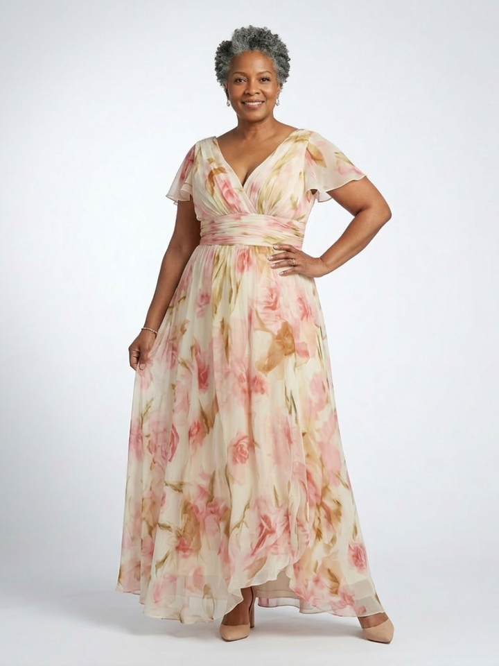 Michelle | Floral Maxi Dress with Short V Sleeves