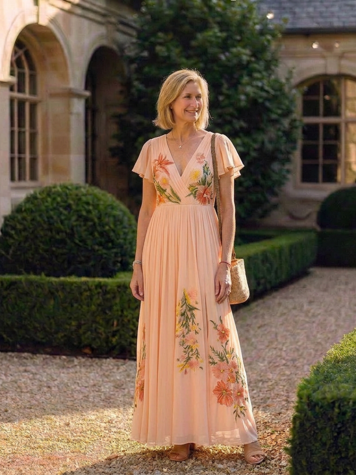 Lily | Maxi dress with pleated flowers and V-neck