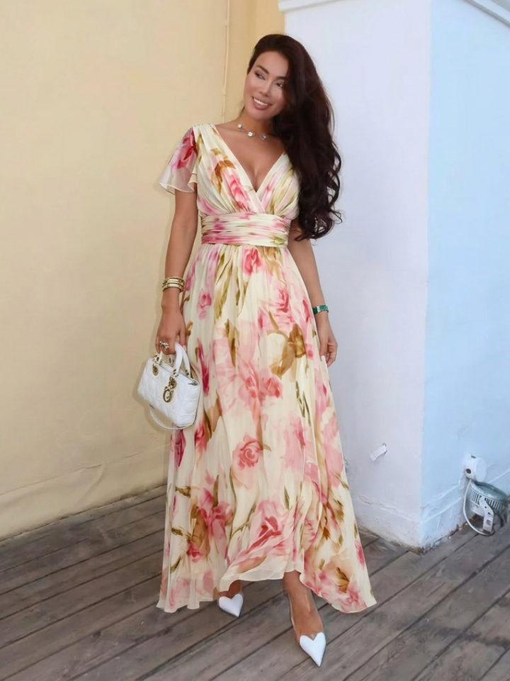Michelle | Floral Maxi Dress with Short V Sleeves