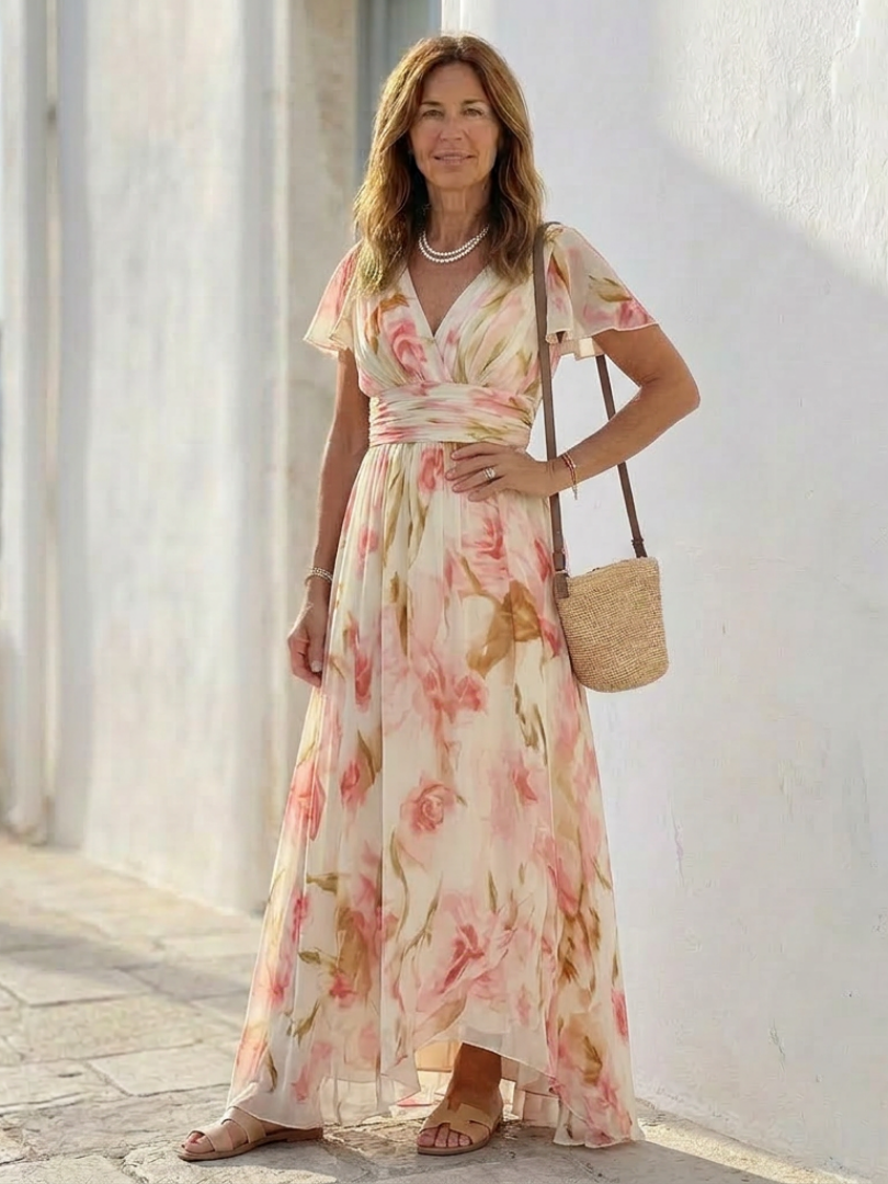 Michelle | Floral Maxi Dress with Short V Sleeves