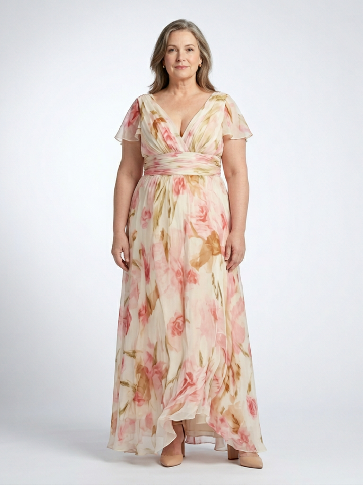 Michelle | Floral Maxi Dress with Short V Sleeves