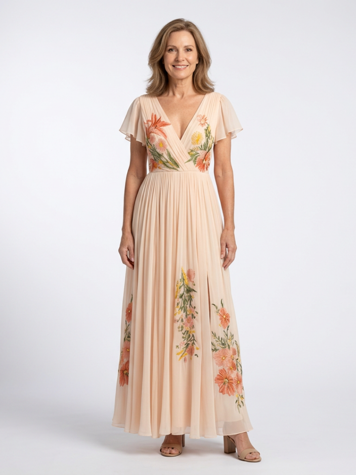 Lily | Maxi dress with pleated flowers and V-neck