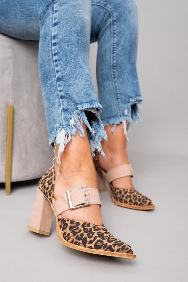 Selveta | Suede sandals with leopard pattern and stable heel