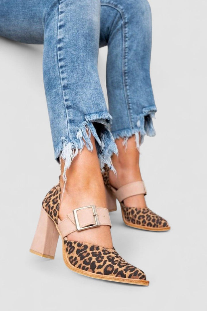 Selveta | Suede sandals with leopard pattern and stable heel