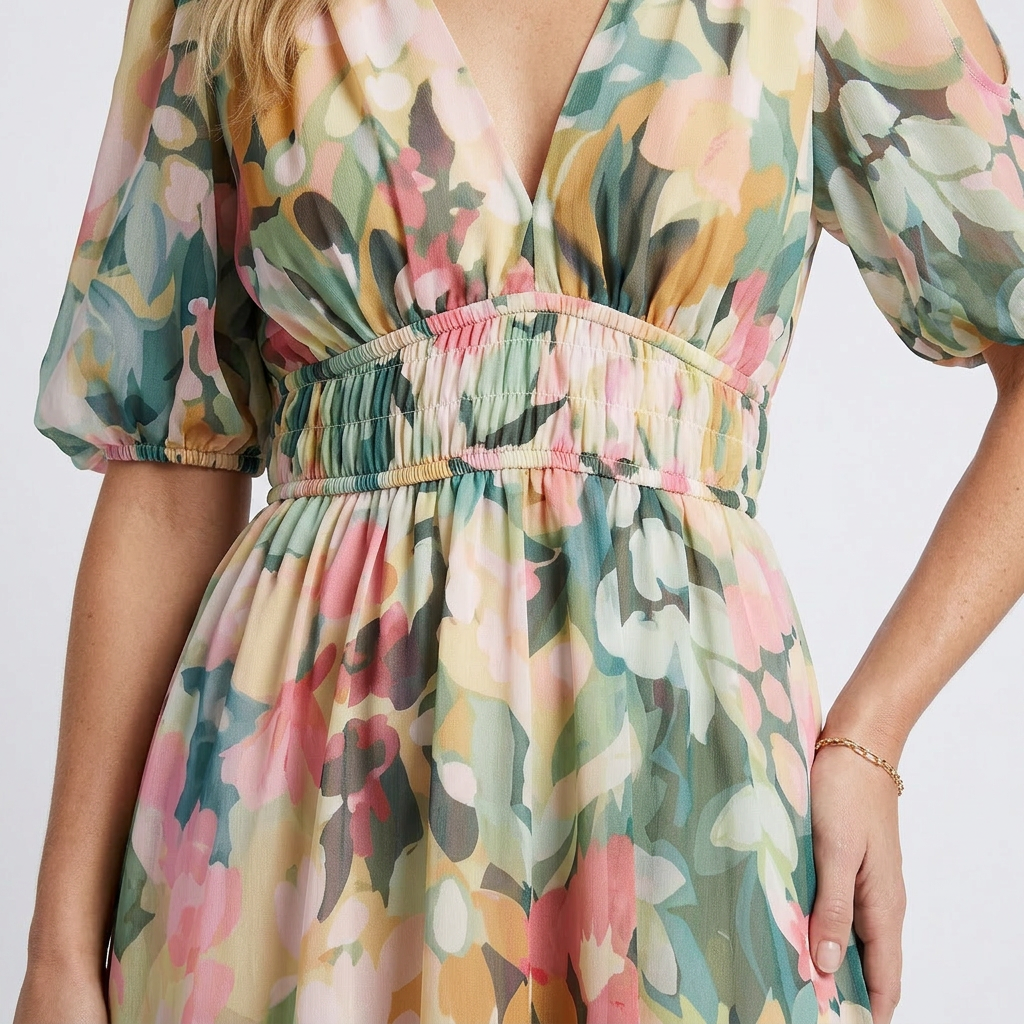 Stephanie | Short Sleeve Midi Dress with Gathered Waist