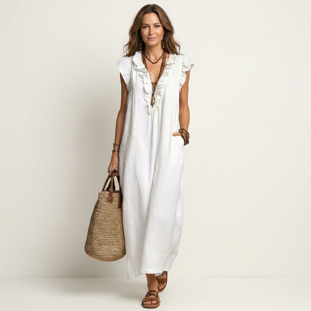 Hannah | Maxi Linen Dress with V Lace