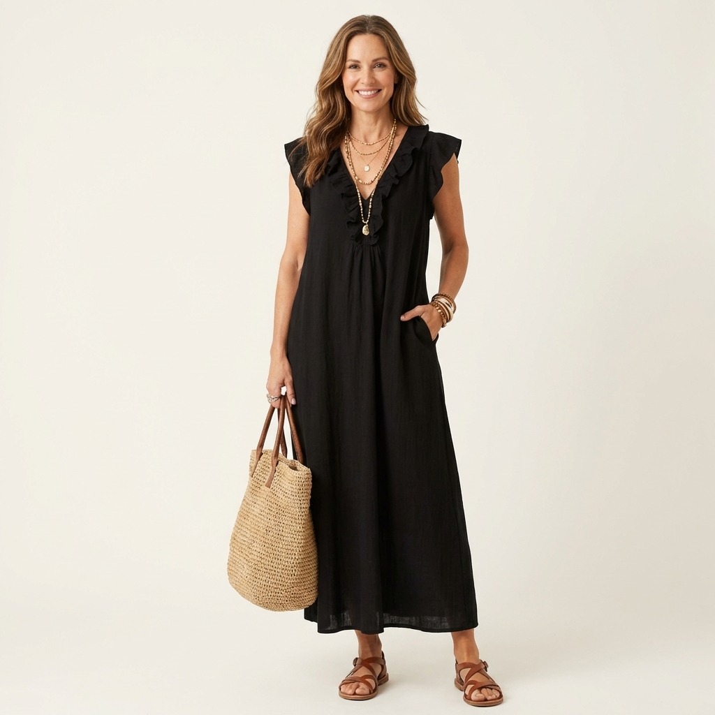 Hannah | Maxi Linen Dress with V Lace