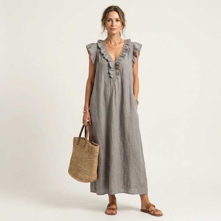 Hannah | Maxi Linen Dress with V Lace