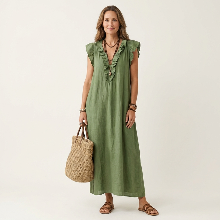 Hannah | Maxi Linen Dress with V Lace