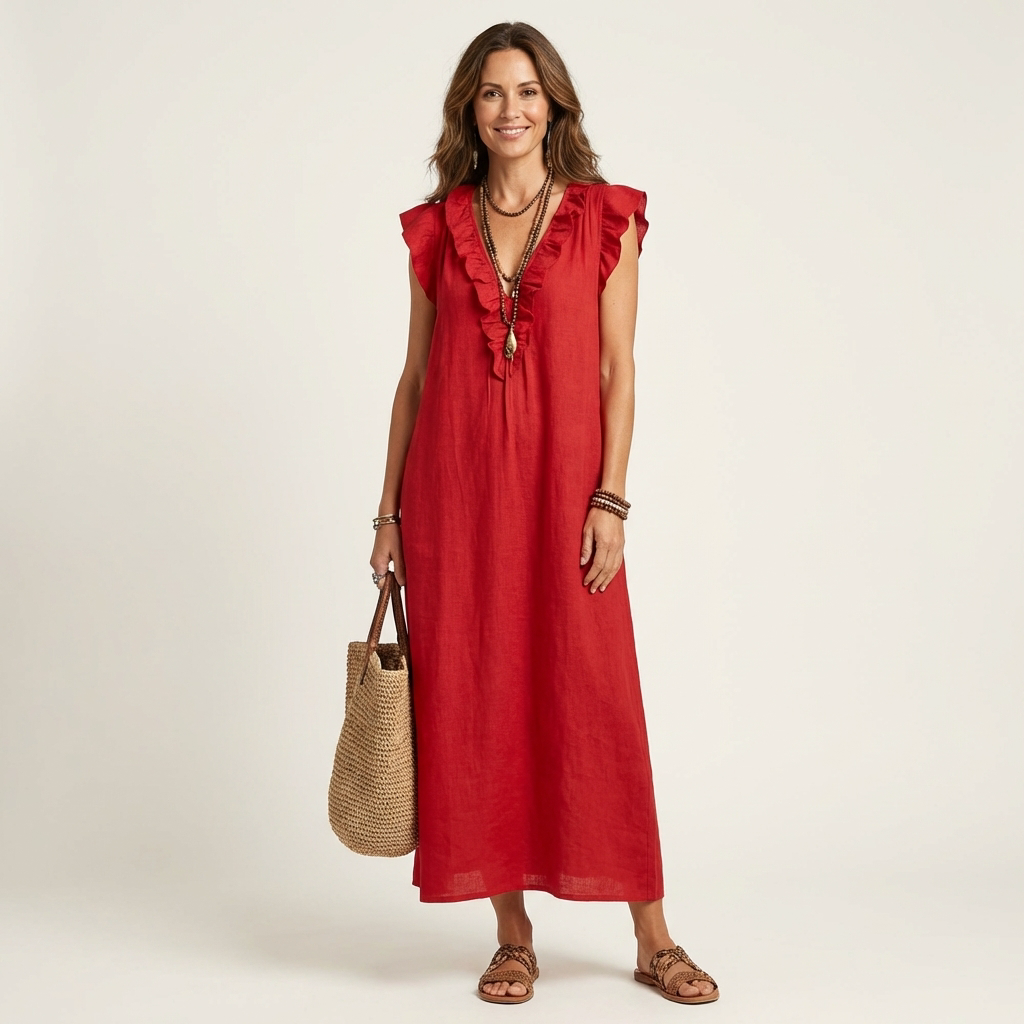 Hannah | Maxi Linen Dress with V Lace