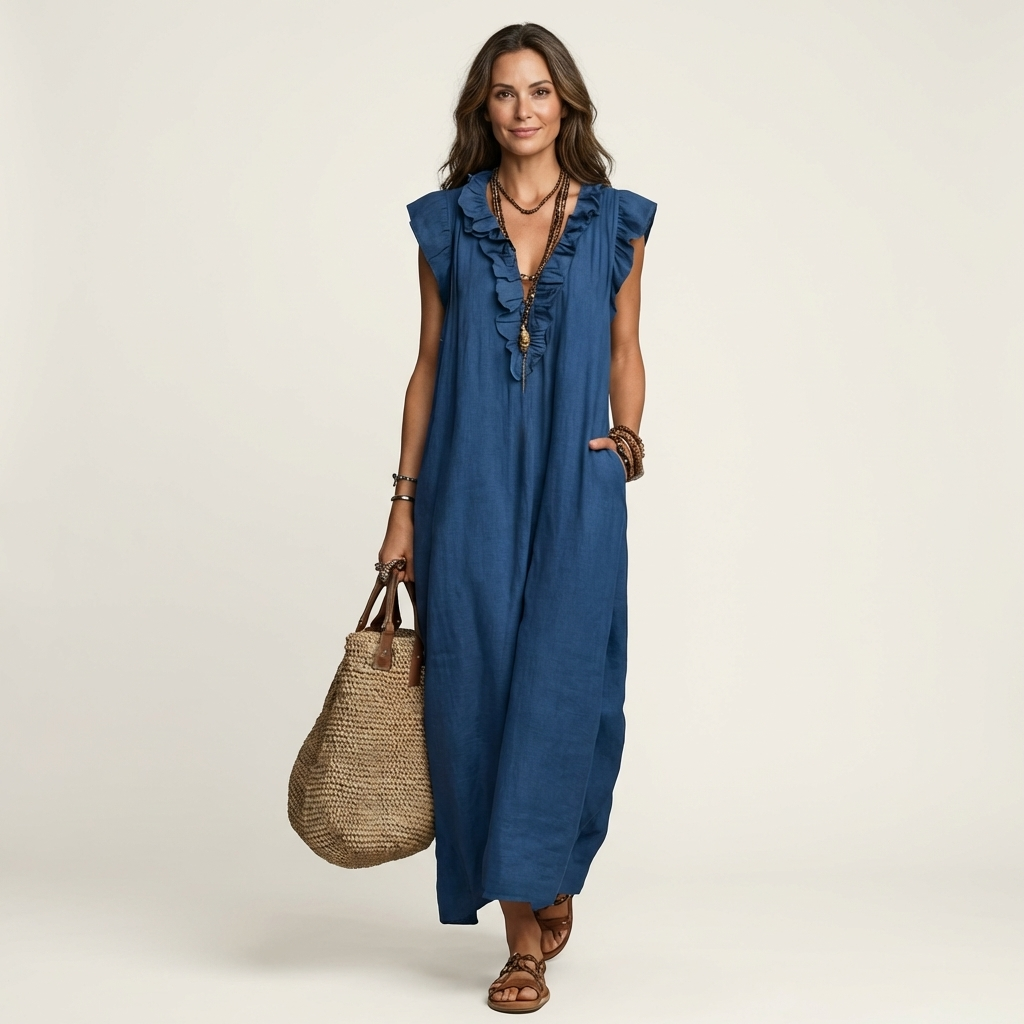 Hannah | Maxi Linen Dress with V Lace
