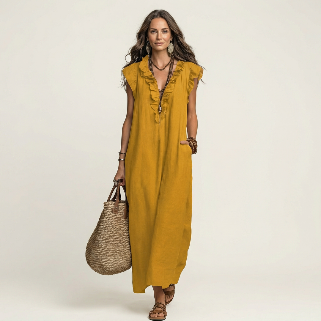 Hannah | Maxi Linen Dress with V Lace