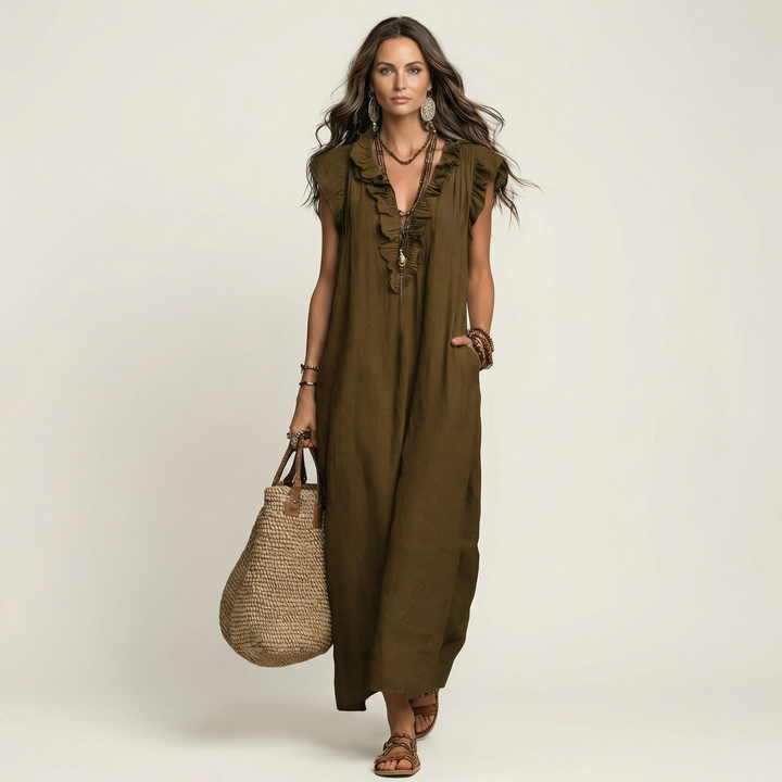 Hannah | Maxi Linen Dress with V Lace