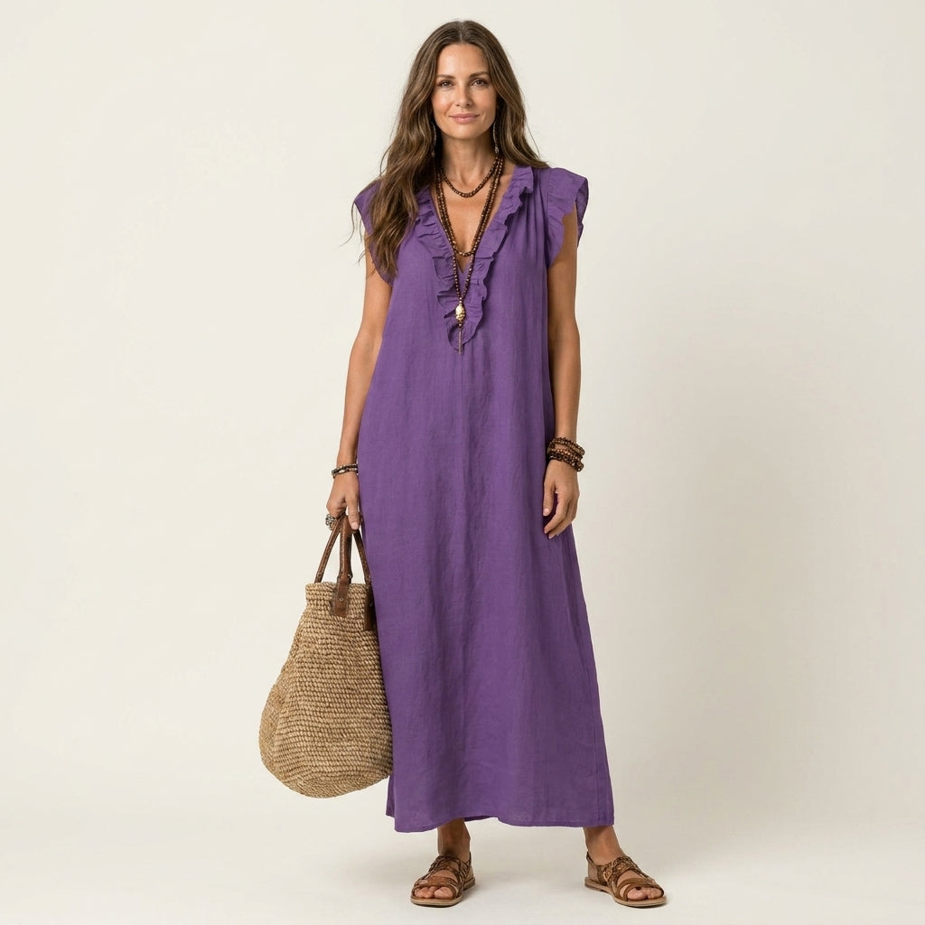 Hannah | Maxi Linen Dress with V Lace