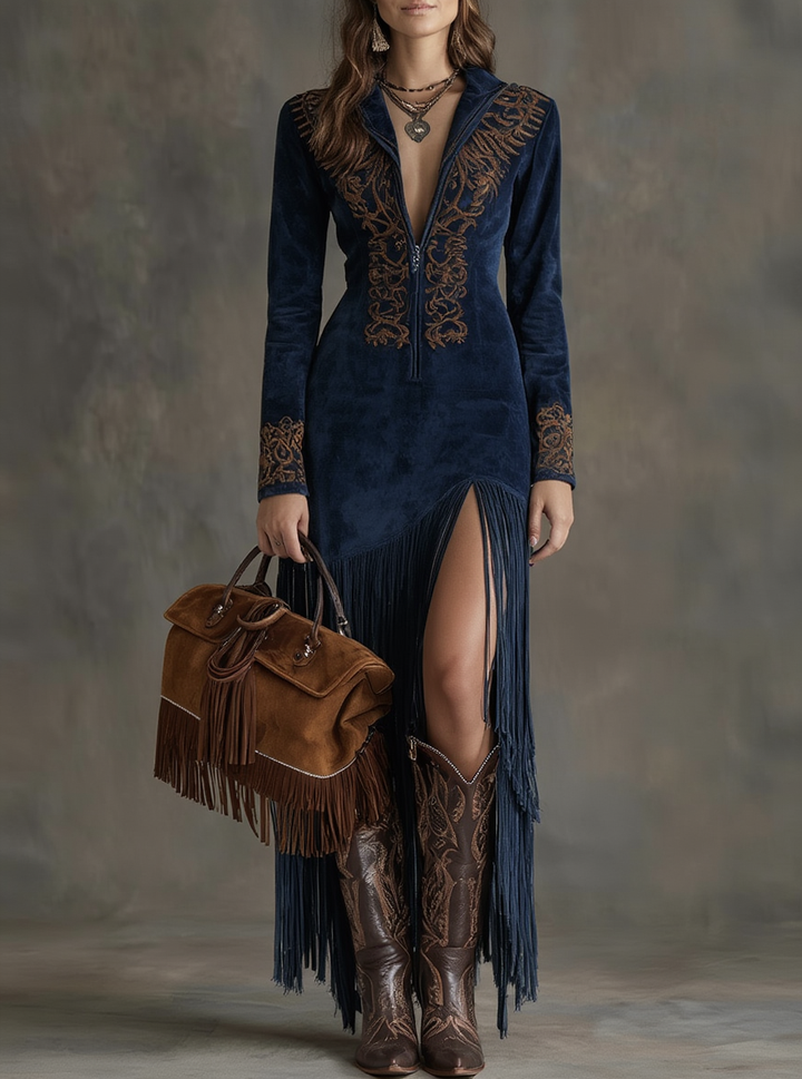 Marisol | Long Embroidered Dress with Front Zipper Closure