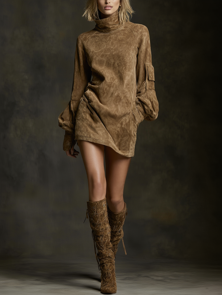 Camryn | Mini Dress in Suede-Like Fabric with High Collar