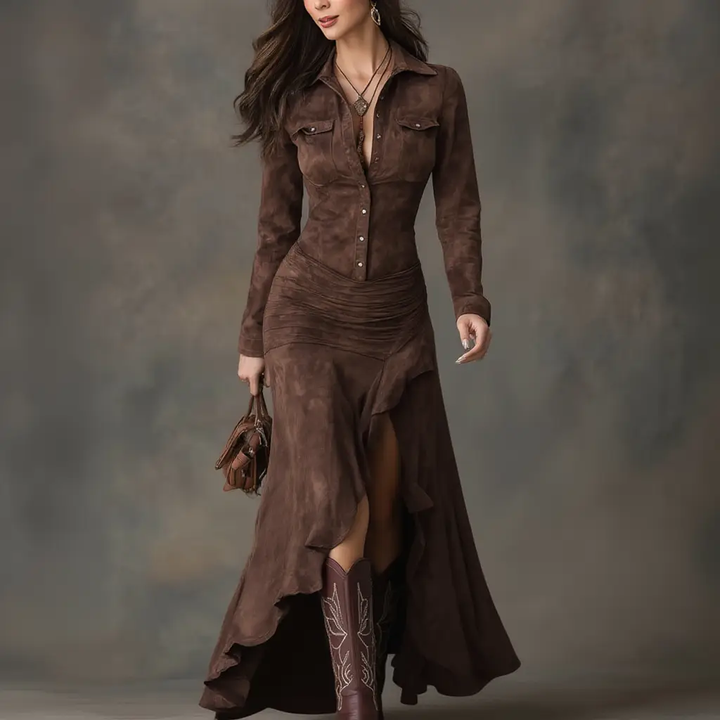 Marina | Long Retro Brown Dress with Ruffles
