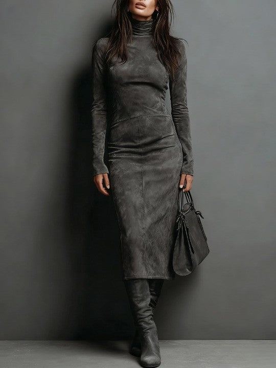 Rosalind | Midi Suede Dress with High Collar
