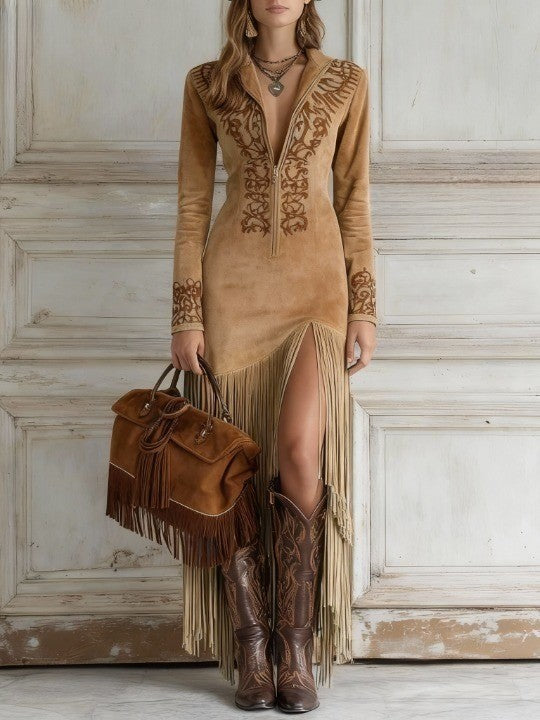 Marisol | Long Embroidered Dress with Front Zipper Closure
