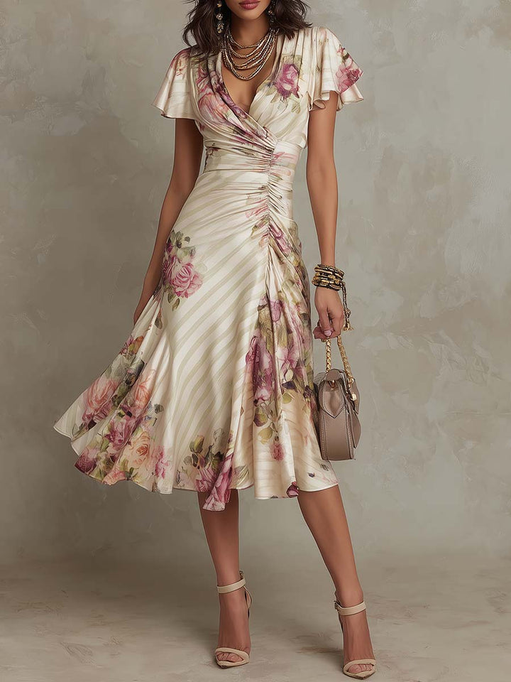 Selena | Midi satin dress with floral pattern