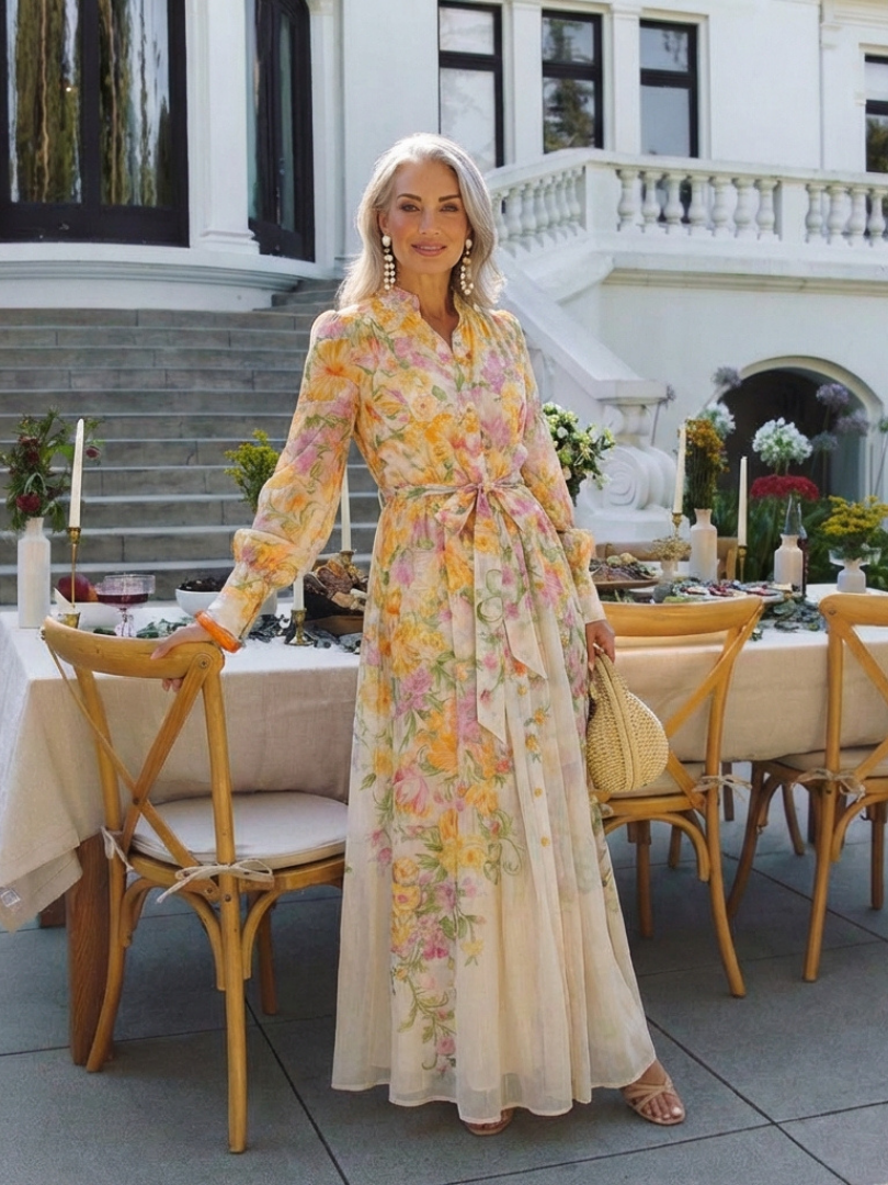 Avery | Long Sleeve Flowing Maxi Dress with Flowers