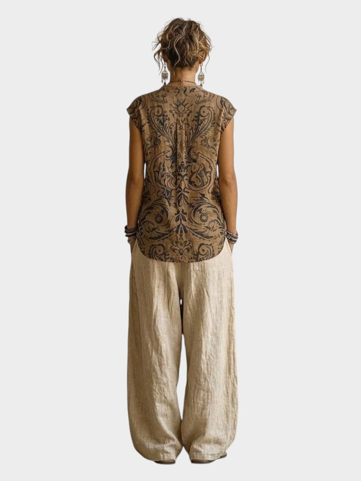 Victoria Boutique Sophia 3-piece linen-cotton set featuring a baroque-print sleeveless top and wide-leg trousers