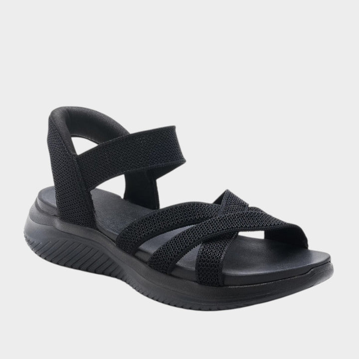 Victoria Boutique black Ultra Flex knit sandals with crossover straps, elastic ankle band, and cushioned platform sole